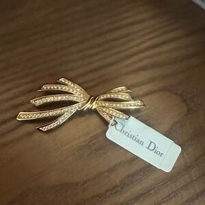 Dior Gold Bow Brooch with Crystal Accents